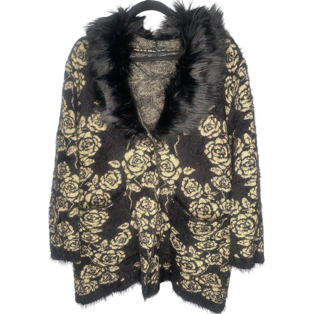 Black Rivetโ women's Cardigan Sweater Gold Black Floral Faux Fur Collar Large